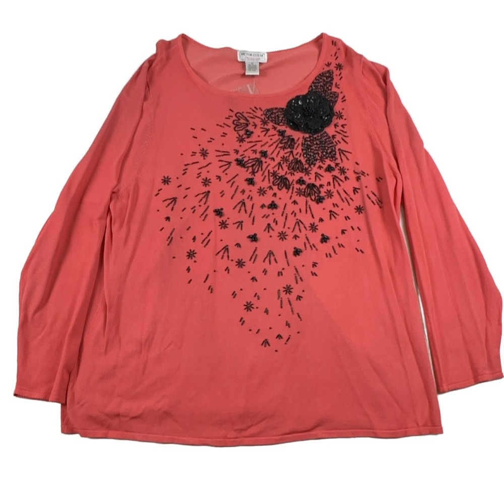 Victor Costa Occasion Blouse Women 3X Coral Beaded Floral Long Sleeve Rayon Top